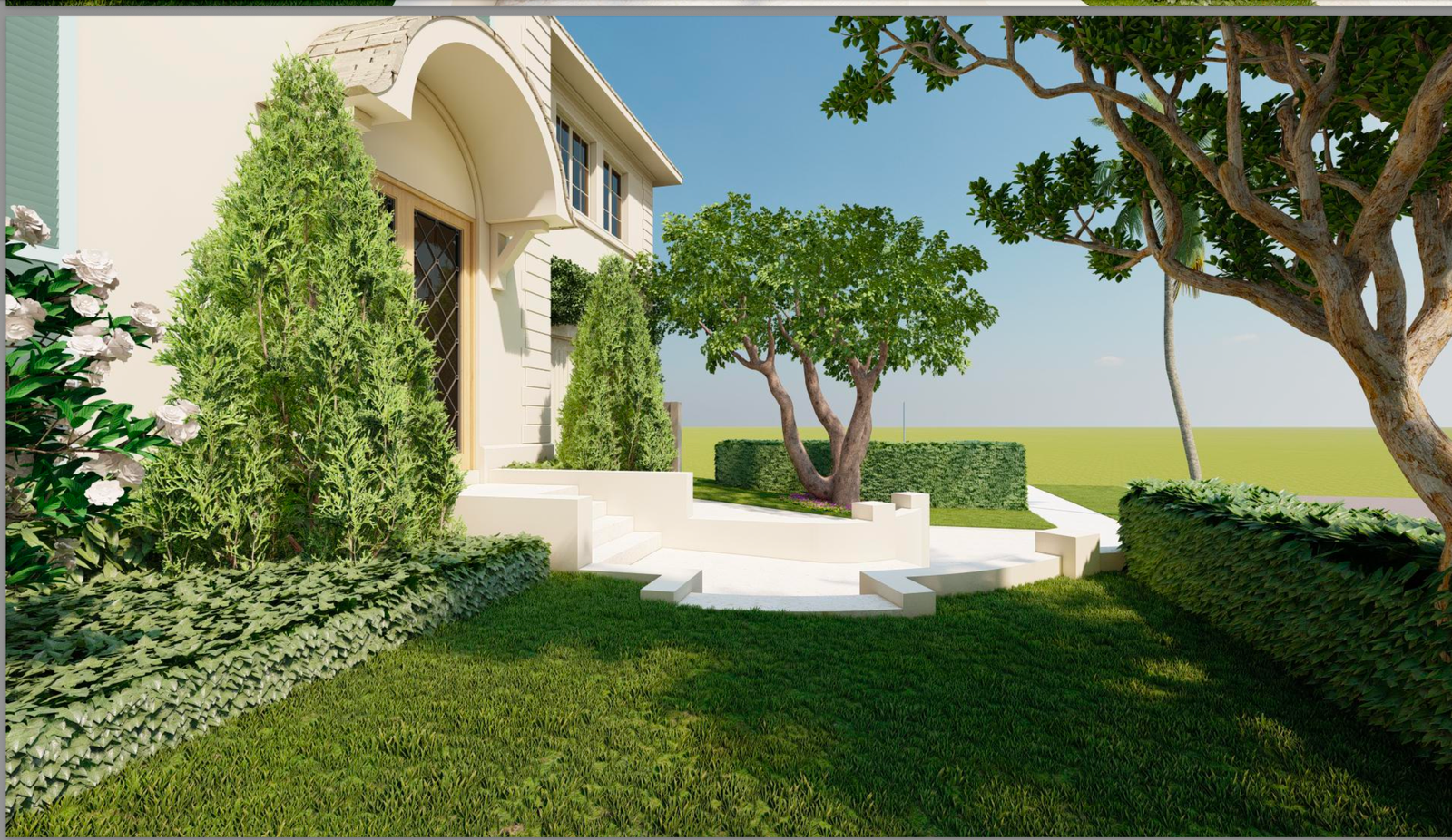 Architectural 3D model in West Palm Beach of a cream residence with an arched entrance, white entry steps, manicured hedges, and mature trees.