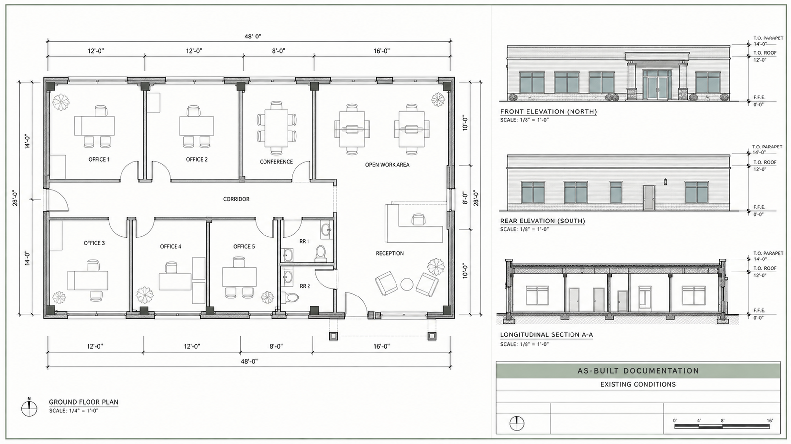 Example of as-built drawings in West Palm Beach deliverable showing an office floor plan with dimensions, front and rear elevations, and a longitudinal building section.