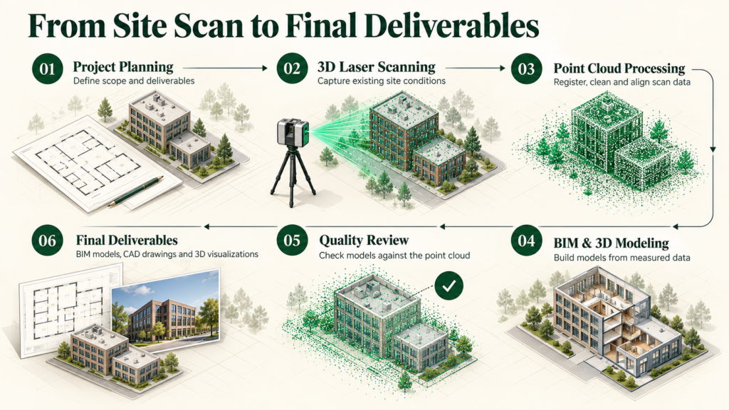 3D scanning and 3D modeling in West Palm Beach workflow illustration that shows project planning, 3D laser scanning, point cloud processing, BIM modeling, quality review, and final deliverables.