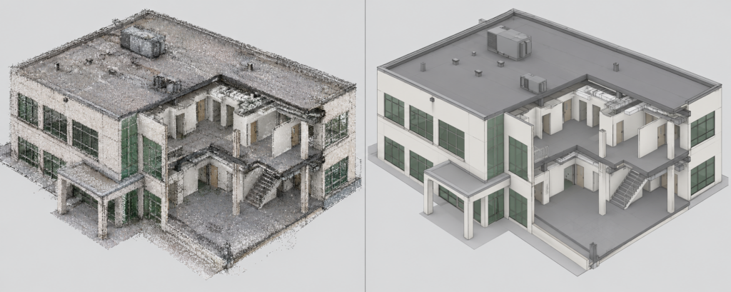 Scan-to-BIM in West Palm Beach deliverable example, presented as side-by-side illustration of an office building point cloud and matching BIM model, showing floors, rooms, columns, and stairs.