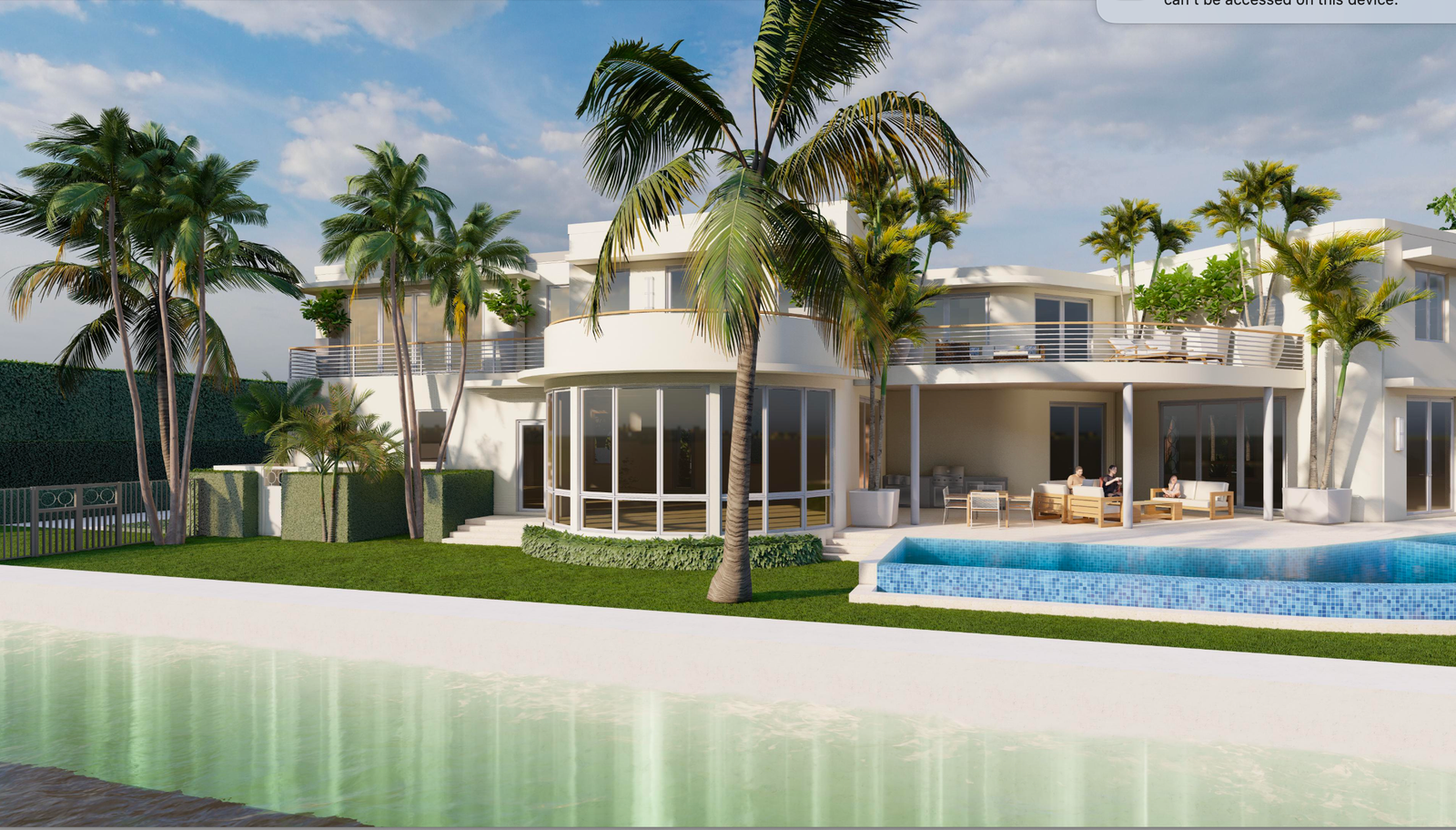 Waterfront exterior 3D visualization of West Palm Beach residence showcasing curved balconies, a pool terrace, and tropical landscaping.