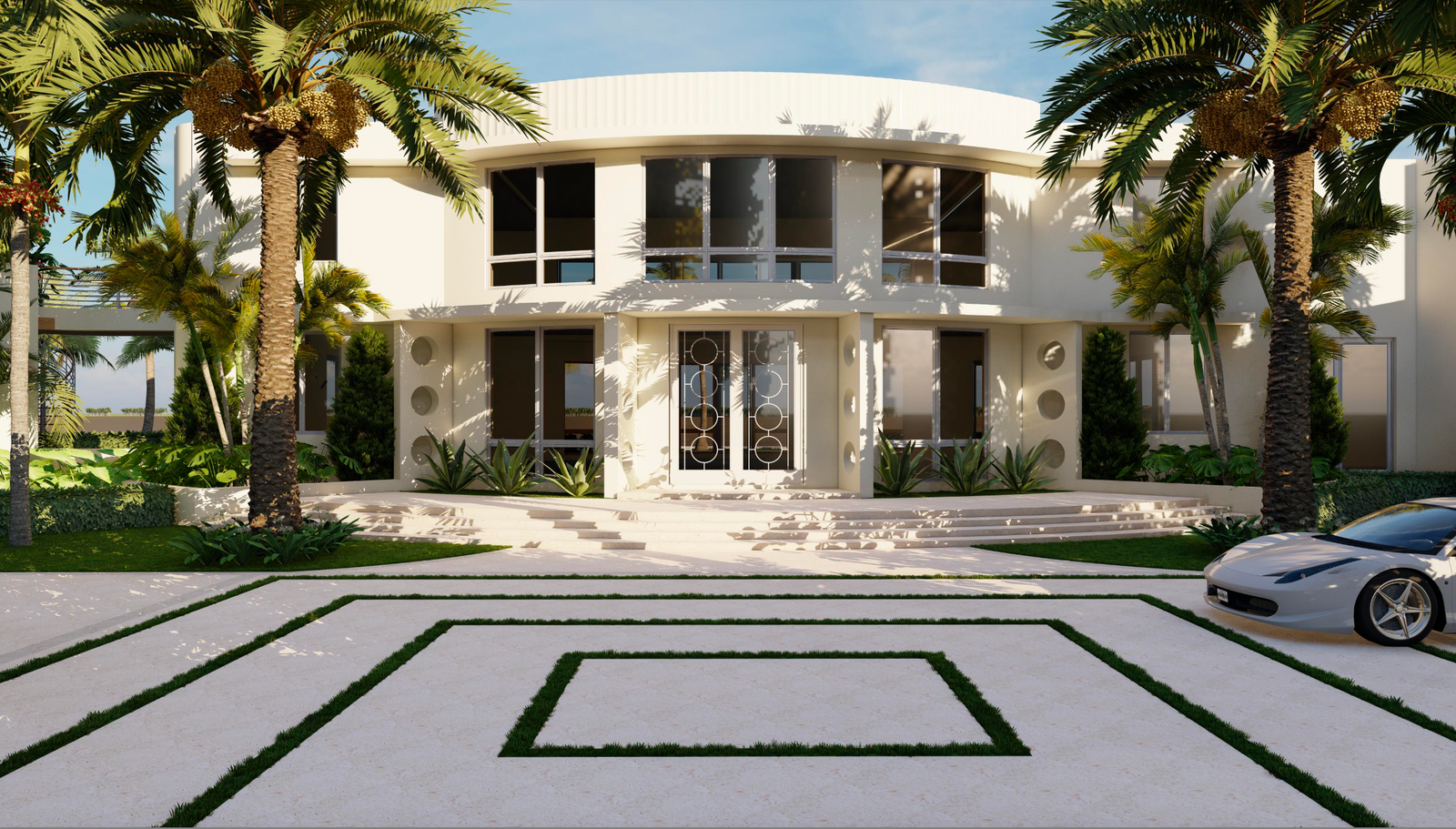 One of our 3D scanning project examples presented as 3D rendering of a two-story residence in West Palm Beach with a curved facade, decorative double entrance doors, palm trees, and a patterned driveway.