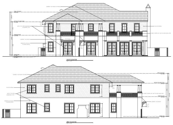 CAD drafting in West Palm Beach deliverable of a two-story residence showing south and west facades, rooflines, windows, balconies, and height dimensions.