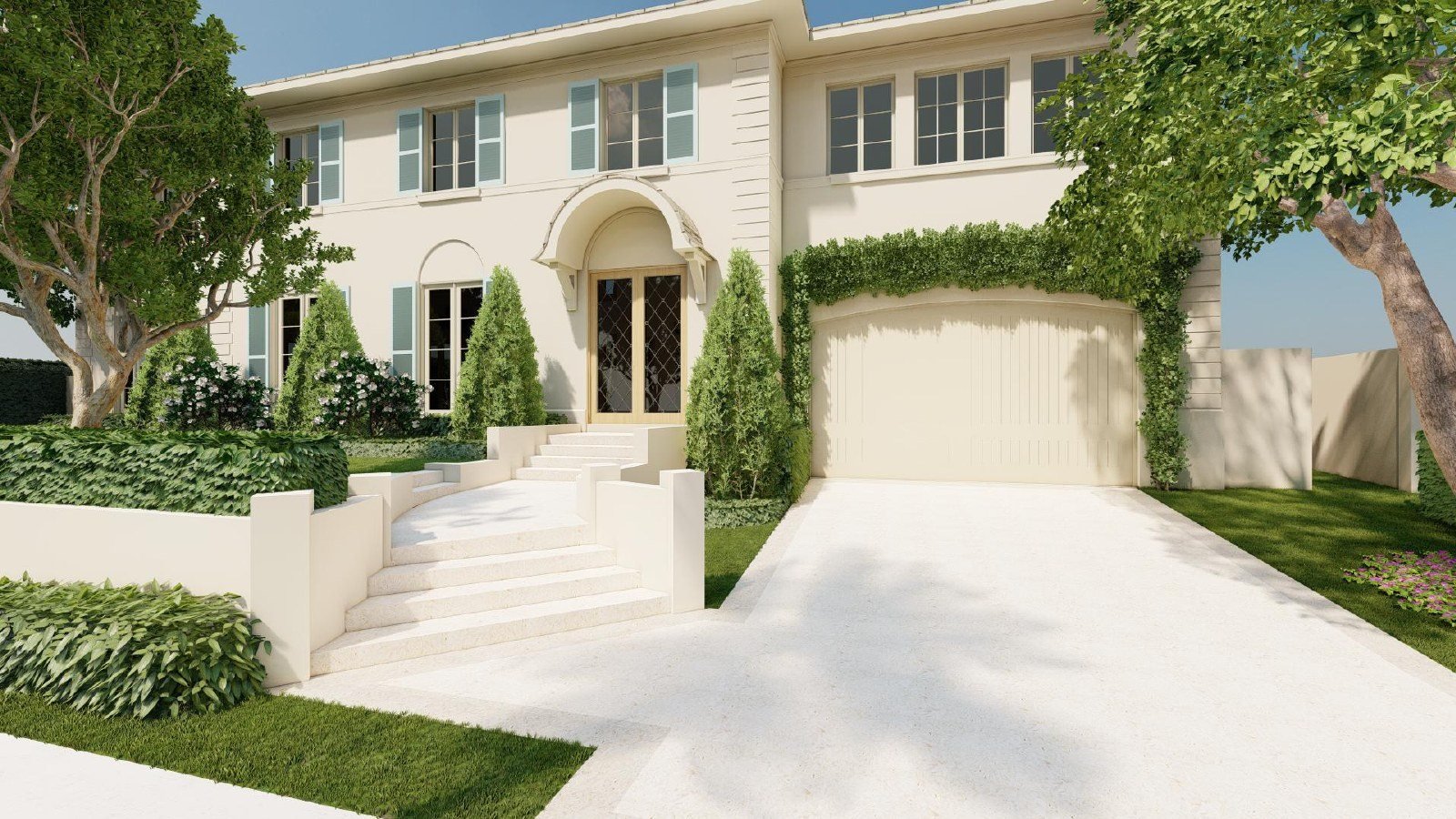 Architectural rendering of a two-story residence with landscaped entry and driveway