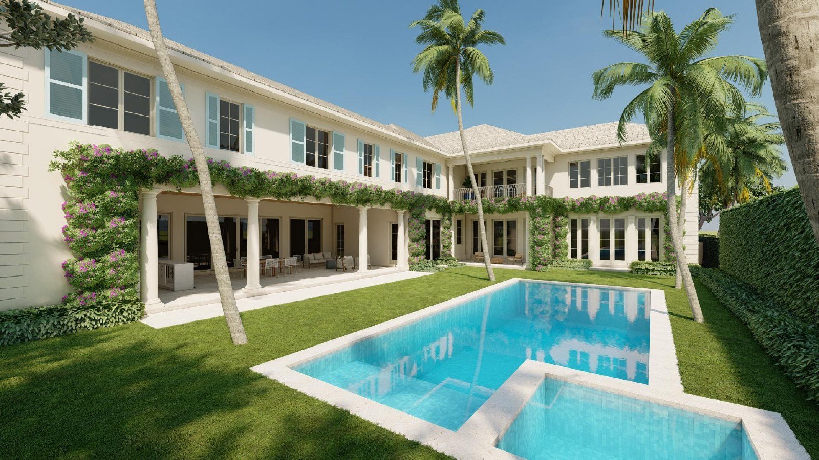 Architectural 3D model of a two-story residence in West Palm Beach surrounding an outdoor pool.