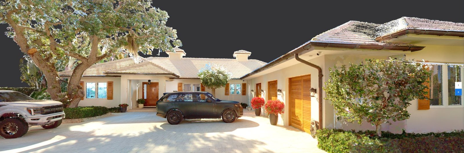 One of our 3D scanning project examples presented as an overhead colorized point cloud displaying a residential building in West Palm Beach and surrounding grounds.