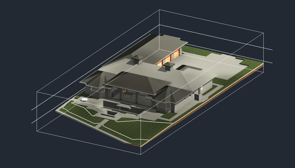 Revit 3D model in West Palm Beach of a single-story residence showing roof geometry, exterior walls, paved walkways, and surrounding lawn in an elevated perspective view.